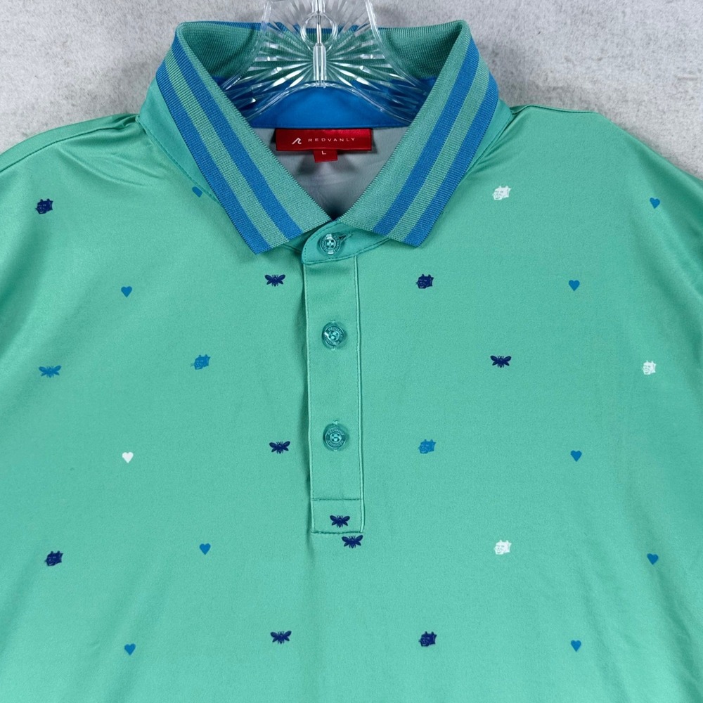 Redvanly Mens Golf Polo Shirt Large Green Heart Butterfly Panther Print S/S - Picture 1 of 8